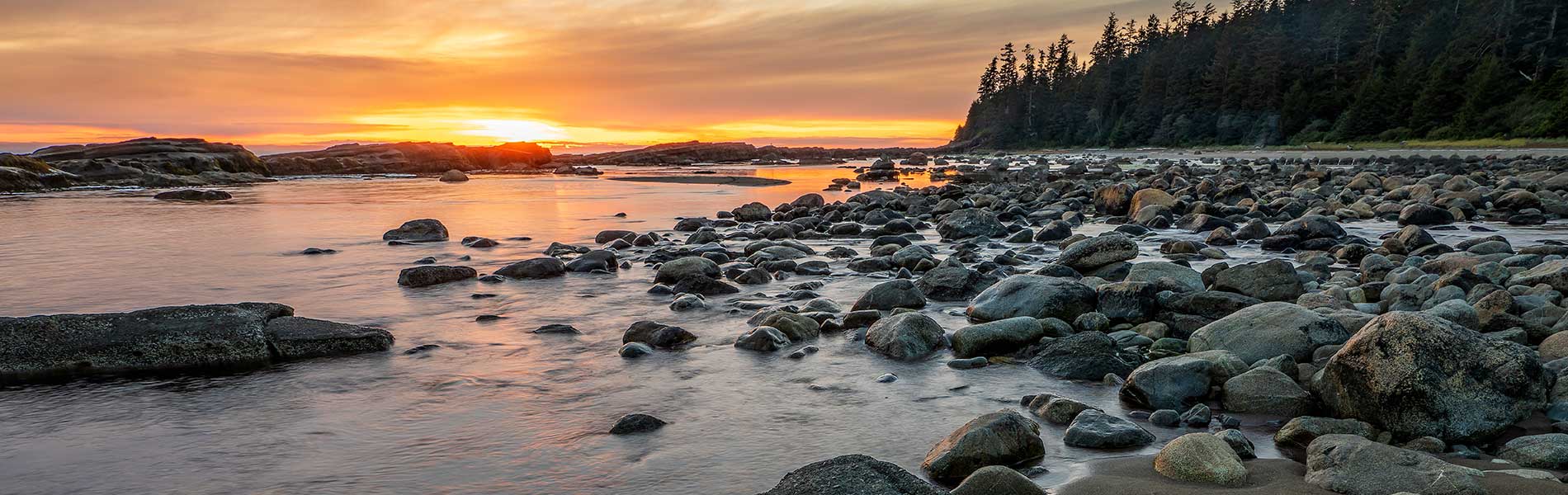 rocky shoreline during sunset